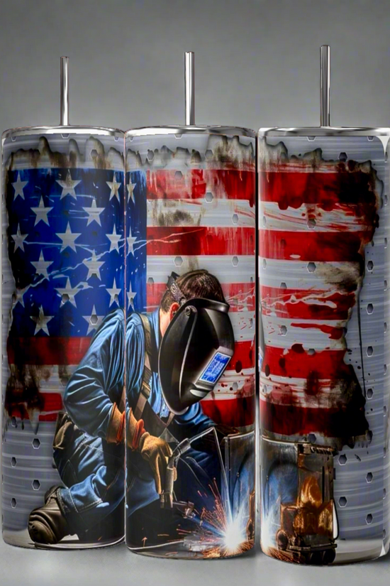 The 20 oz Welders Tumbler by Kreative Kreationz showcases an American flag and dynamic welding scene. It features a welder in a protective mask with flying sparks, set against stars and stripes—ideal for those proud of their craft.