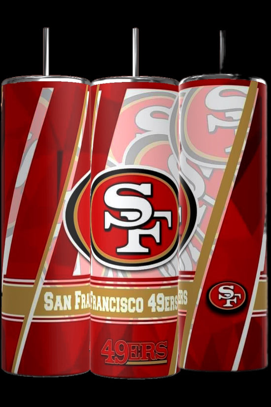 The SF 49ers-20oz Skinny Tumbler by Kreative Kreationz features the iconic San Francisco 49ers logo in red, white, and gold. Made with durable construction and a spill-proof lid, it's perfect for fans. Show your team spirit with 