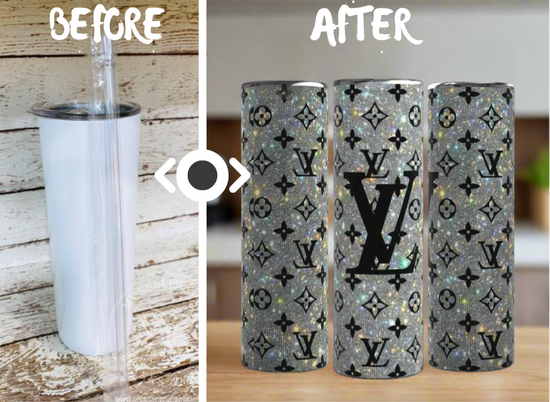 Side-by-side comparison: a plain white tumbler labeled 