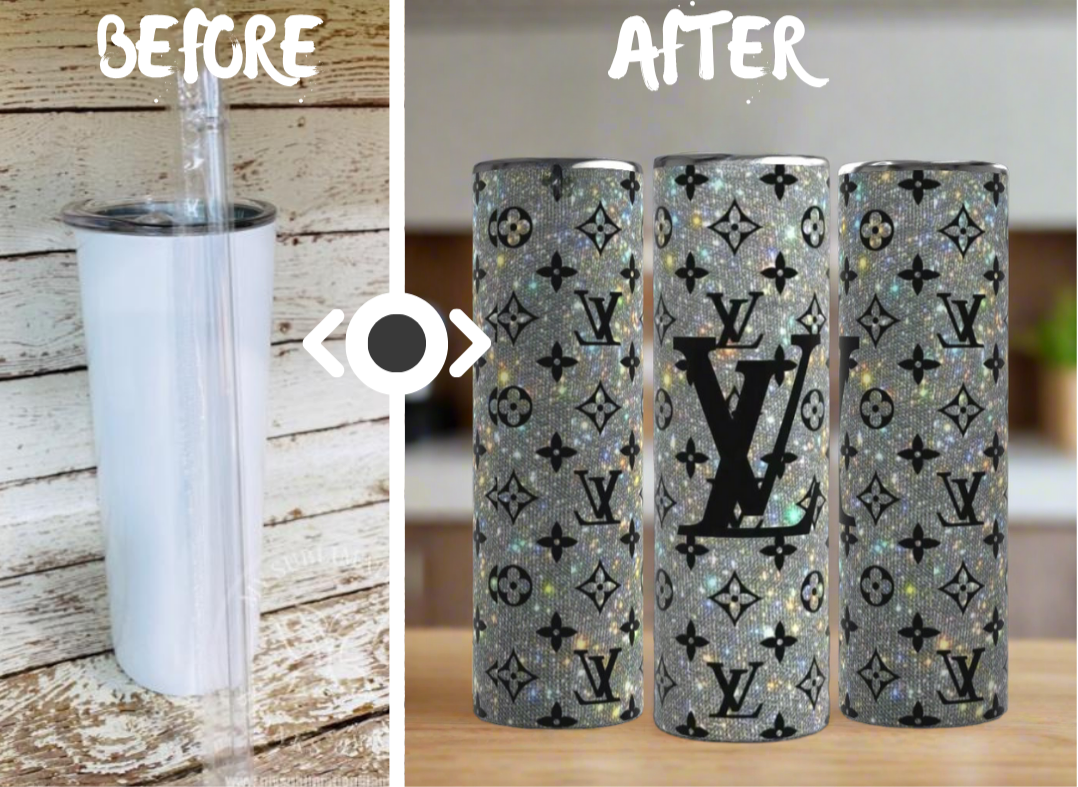 Side-by-side comparison: a plain white tumbler labeled "Before" next to three Kreative Kreationz Louis Vuitton Shimmer 20oz Tumblers with silver glitter labeled "After.