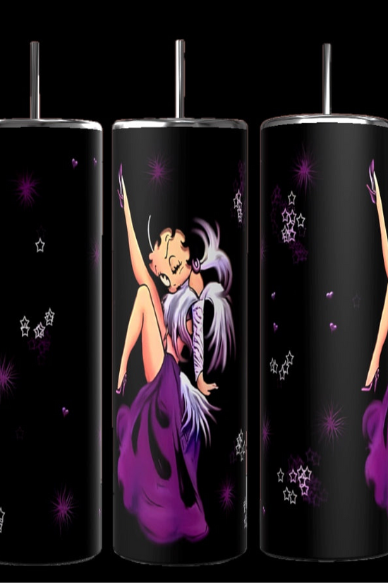 The Betty B 20oz Skinny Tumbler from Kreative Kreationz features a vintage cartoon character in a purple dress with feathered accents. It has purple stars and sparkles on a sleek black background, combining style and functionality.