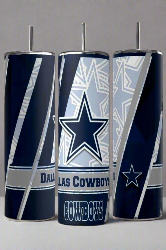 Three Kreative Kreationz Cowboys-20oz Skinny Tumblers feature the Dallas Cowboys logo and team name in navy, silver, and white. Each reusable stainless steel tumbler includes a straw and is set against a neutral background.