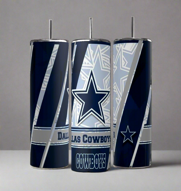 Three Kreative Kreationz Cowboys-20oz Skinny Tumblers feature the Dallas Cowboys logo and team name in navy, silver, and white. Each reusable stainless steel tumbler includes a straw and is set against a neutral background.