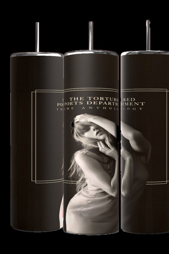 Three tall cylindrical tumblers from Kreative Kreationz, featuring black backgrounds. The center tumbler displays an image of a woman with long hair, holding her hands to her face, with the text above reading 