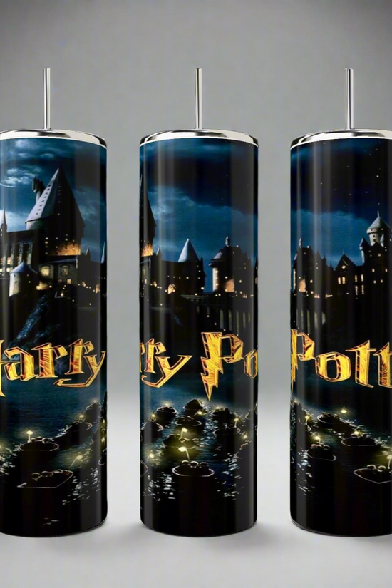 Kreative Kreationz offers durable 20oz skinny Harry Potter Tumblers, featuring a nighttime castle scene with glowing windows. The 