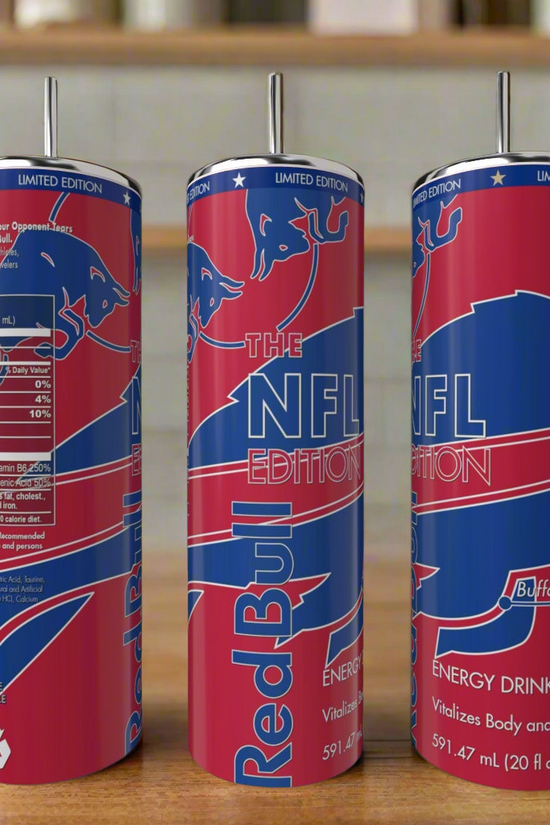 Three Kreative Kreationz Buffalo Bills Edition Tumblers with team logo and colors are displayed on a wooden surface; each tumbler shows different sides, featuring branding and additional product details.