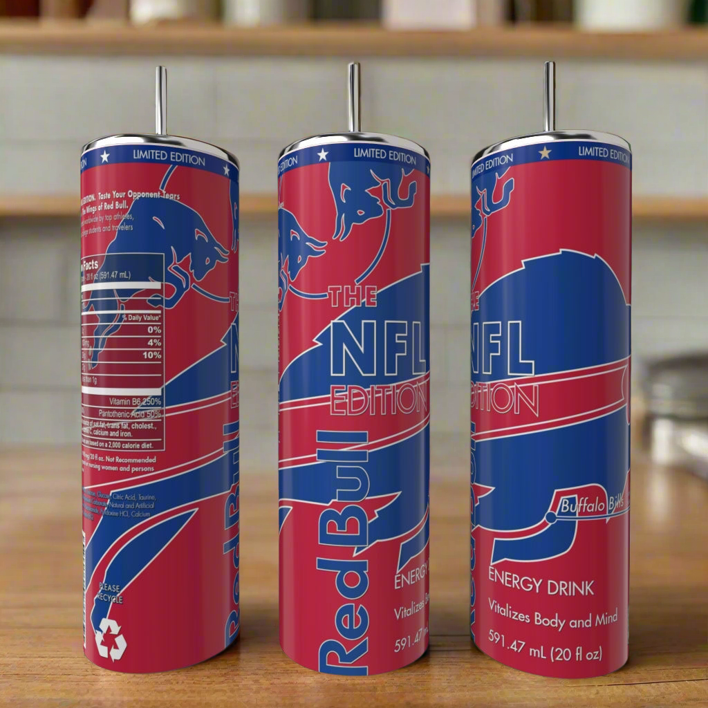 Three Kreative Kreationz Buffalo Bills Edition Tumblers with team logo and colors are displayed on a wooden surface; each tumbler shows different sides, featuring branding and additional product details.