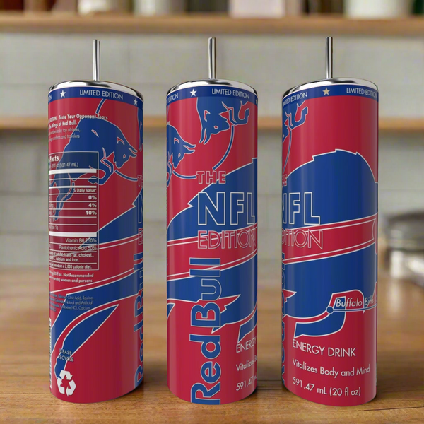 Three Kreative Kreationz Buffalo Bills Edition Tumblers with team logo and colors are displayed on a wooden surface; each tumbler shows different sides, featuring branding and additional product details.