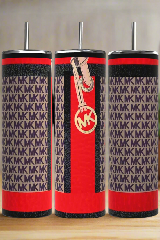 Three luxurious Kreative Kreationz MK Designer Inspired 20oz Tumblers display a chic red and black design with 