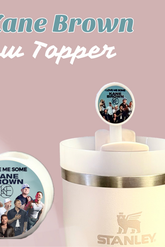 A Kreative Kreationz's Kane Brown Straw Topper, featuring a circular image of people and 