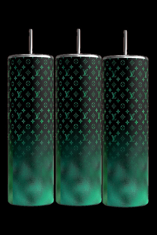 Three LV 20oz Tumblers by Kreative Kreationz, each with a sleek black background and featuring a white and gradient red design with metallic straws. These cylindrical tumblers are adorned with Louis Vittin's iconic overlapping symbols and initials, showcasing durable construction while offering a 20 oz capacity.