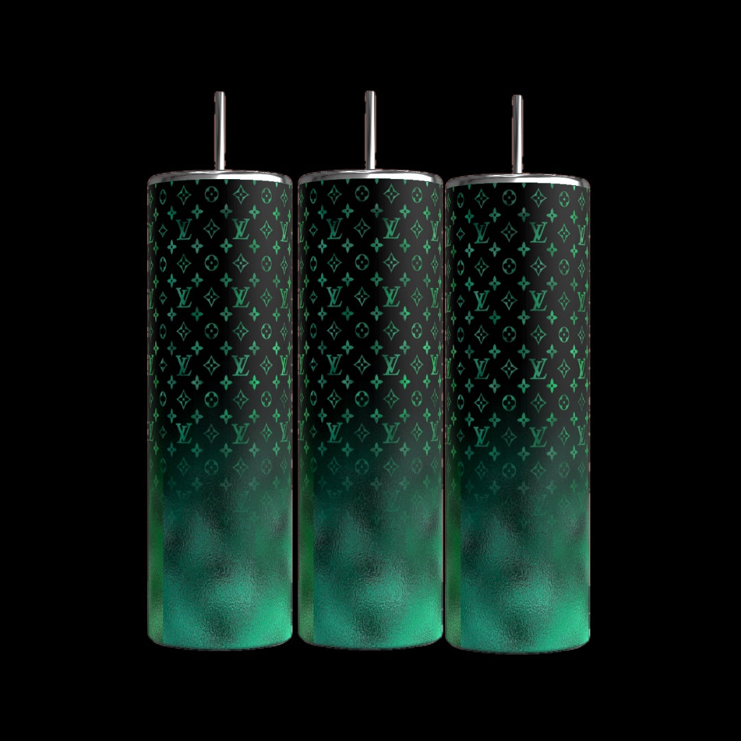 Three LV 20oz Tumblers by Kreative Kreationz, each with a sleek black background and featuring a white and gradient red design with metallic straws. These cylindrical tumblers are adorned with Louis Vittin's iconic overlapping symbols and initials, showcasing durable construction while offering a 20 oz capacity.