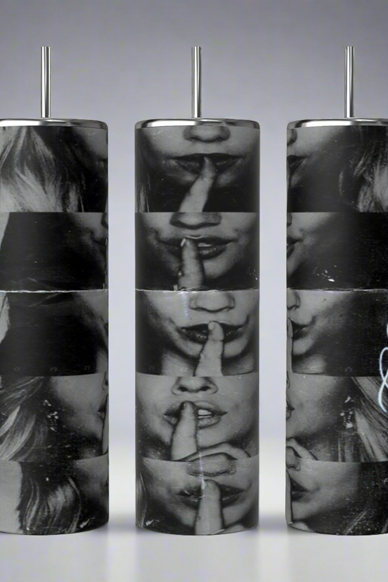 Three cylinders on a white stage with a grey background, showing all sides of 20 ounce Tumbler, the title pretty little liars cast with four females, the title pretty little liars down the side of the cylinder in text the pretty little liars cast with their fingers to their lips in a shh motion 