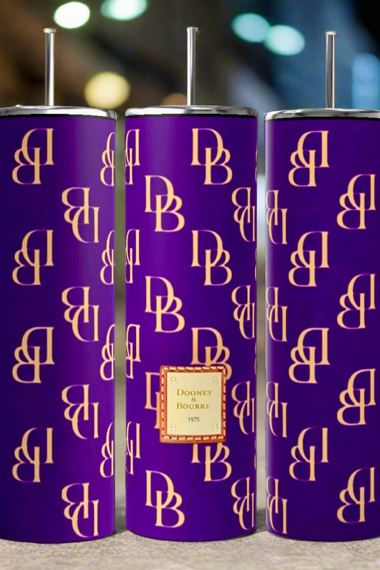 Three D&B -Purple 20oz Tumblers from Kreative Kreationz, each adorned with a gold 