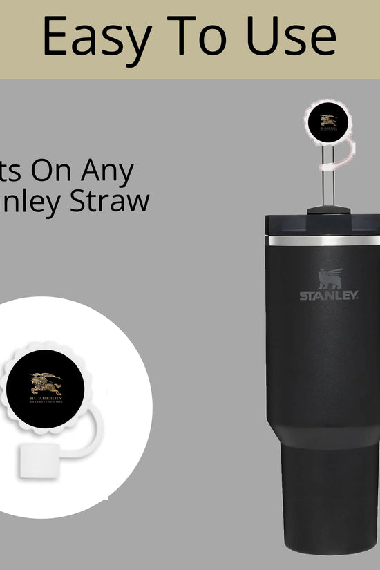 The Burberry Straw Cover by Kreative Kreationz is designed for Stanley cups in 40oz, 30oz, and 20oz sizes with 10mm straws. Featured in black with a handle and a cap that fits any Stanley straw, it's showcased on a light gray background labeled 