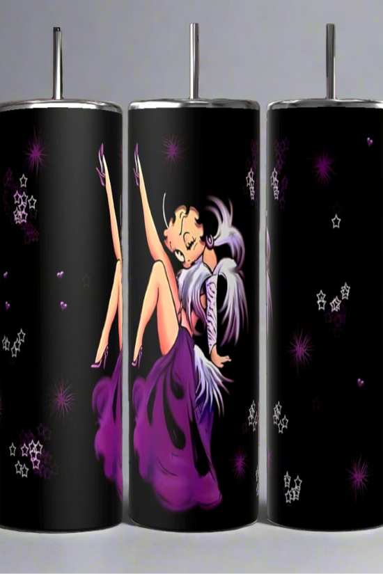 Three Betty B 20oz Skinny Tumblers from Kreative Kreationz feature a black background adorned with a fairy-like figure in a purple dress and wings, surrounded by purple and white stars.
