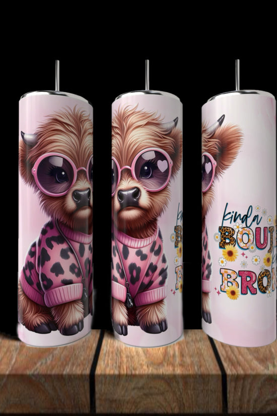 The Kinda Boujee But Broke Cow Collection by Kreative Kreationz features three tall reusable 20oz tumblers with a cute cow in pink sunglasses and a leopard print jacket. One tumbler reads 