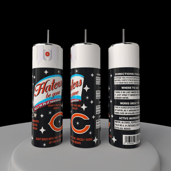 Three black aerosol cans labeled "Haters be gone" with Chicago Bears logos sit on a round platform. These humorous cans pair well with the eco-friendly Kreative Kreationz Chicago Bears Haters 20oz Tumbler for loyal fans.