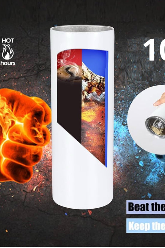 The FENDI Rose 20oz Skinny Tumbler by Kreative Kreationz features fire and ice graphics, keeps drinks hot for 6 hours and cold for 10, and displays “Beat the Heat” & “Keep the Heat”—luxury, eco-friendly drinkware for every season.