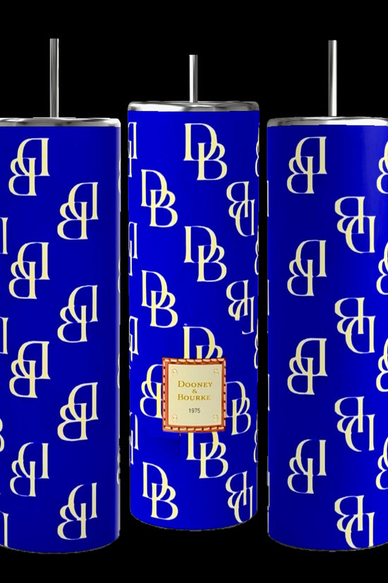 Image of a Dooney and Bourke -Blue 20oz Tumbler by Kreative Kreationz, featuring double-wall insulation and a double layer of 304 food grade stainless steel, highlighted by a magnified section showing its inner structure. Also included are the detachable stainless steel straw and a round silicone coaster.