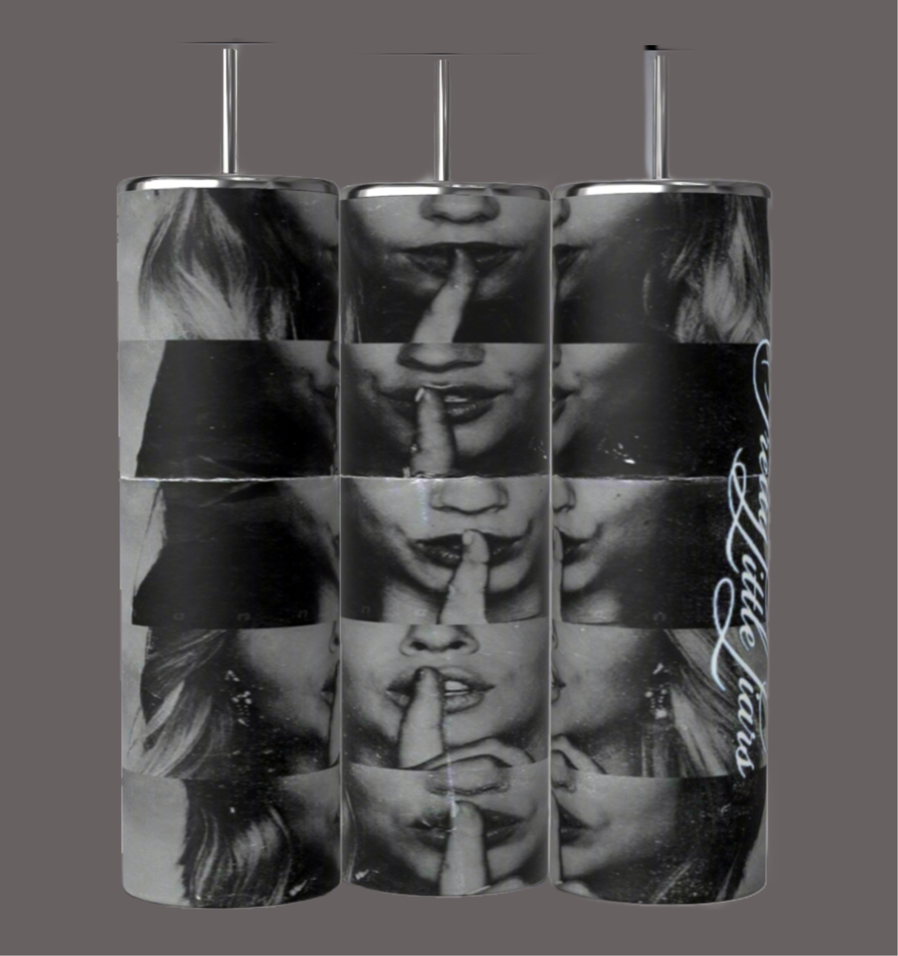 Three Kreative Kreationz Pretty Little Liars 20oz Tumblers feature a black and white design of a woman making a shushing gesture, with "Pretty Little Liars" text on one. Each includes a spill-proof lid and reusable straw.
