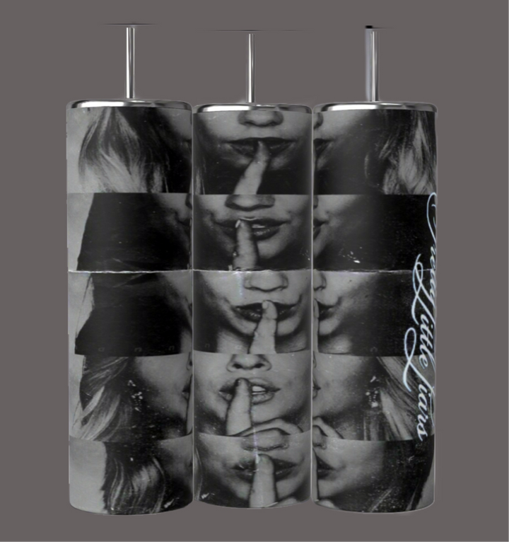 Three Kreative Kreationz Pretty Little Liars 20oz Tumblers feature a black and white design of a woman making a shushing gesture, with "Pretty Little Liars" text on one. Each includes a spill-proof lid and reusable straw.
