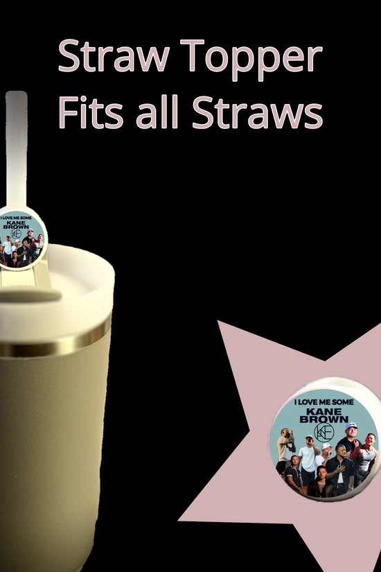 A Stanley-compatible Kane Brown Straw Topper from Kreative Kreationz adorns a travel mug with a personalized silicone round topper featuring a group photo and text, shown in detail against a starburst background.