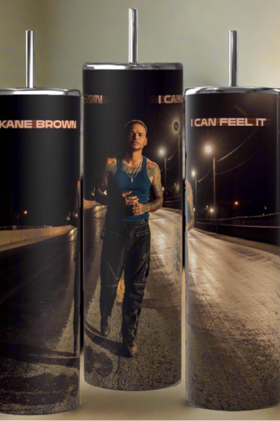 Three Kane Brown Miles On It 20oz Tumblers by Kreative Kreationz display a street scene with a dark-clad figure holding a drink. Featuring 