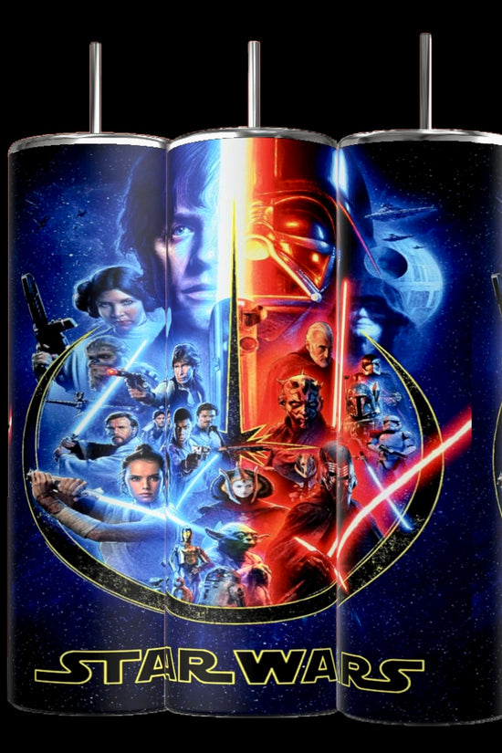 This set includes three Kreative Kreationz Star Wars-themed 20oz cylindrical tumblers with spill-proof lids and reusable straws, featuring iconic characters and vibrant space imagery like lightsabers and ships against a cosmic background.