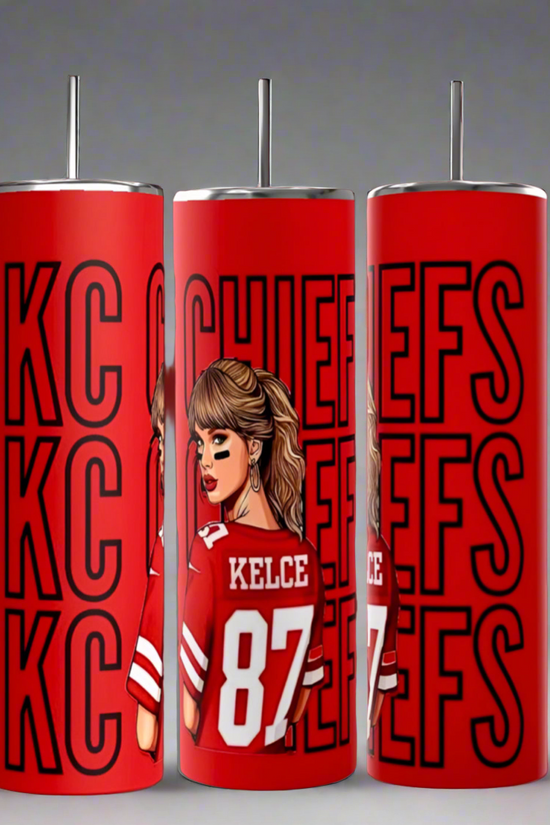 Kreative Kreationz's Chiefs 87 Tumbler is an eco-friendly red stainless steel cup with bold black 