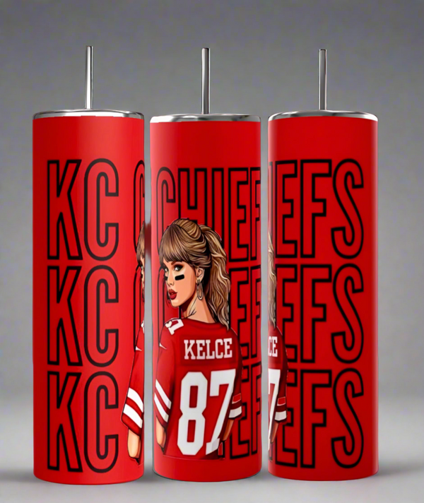 Kreative Kreationz's Chiefs 87 Tumbler is an eco-friendly red stainless steel cup with bold black "KC CHIEFS" text and a cartoon woman in a ponytail sporting a red "KELCE 87" jersey—perfect for Kansas City Chiefs fans.