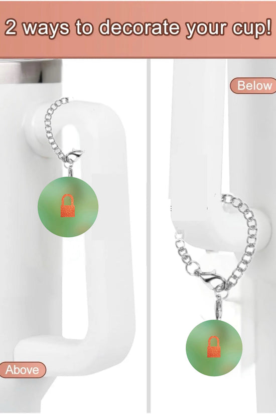 The TS12 Charm Dangle | Cup Accessory by Kreative Kreationz is shown on a white cup handle two ways—hanging above and below. Text at the top says, 