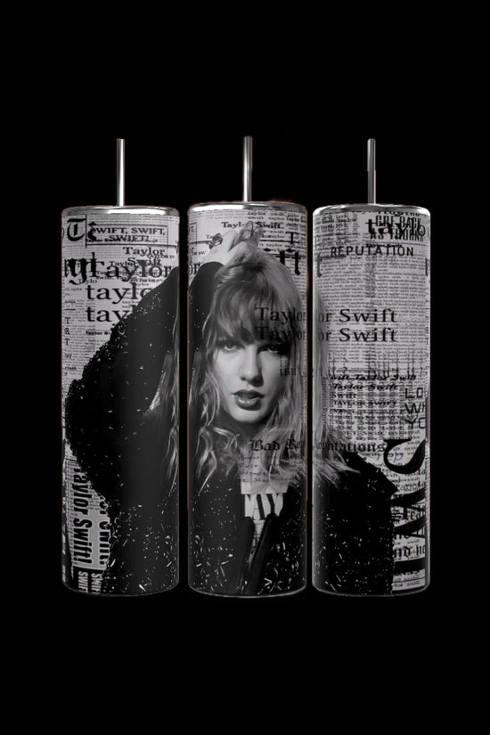 Three Taylor Swift Reputation Newspaper 20oz Tumblers by Kreative Kreationz are shown, each featuring a black-and-white image of Taylor Swift with curly hair posing. The tumblers showcase various text elements, include a spill-proof lid and a reusable straw. The background is solid black, highlighting the design on the tumblers.