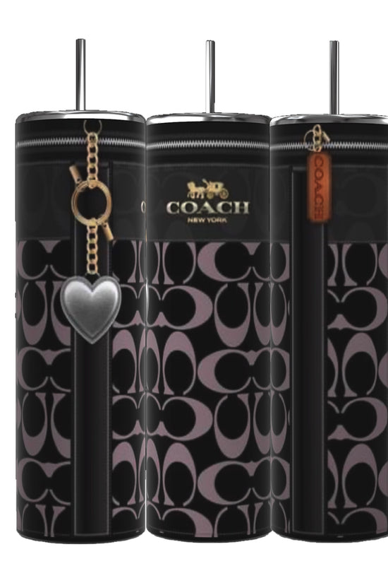 Discover three stylish Coach Heart Purse 20oz Tumblers by Kreative Kreationz, each boasting a sleek black and gray patterned design. These tumblers offer unique touches: a heart-shaped pendant, the iconic Coach logo, and a leather tag. For added convenience, they come with accessories like zippers, spill-proof lids, and a metal straw.