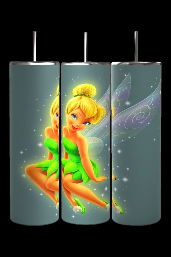 These eco-friendly Tinkerbell 20oz Skinny Tumblers by Kreative Kreationz feature Tinkerbell in a green dress and wings, playfully seated among white sparkles on a dark green backdrop, topped with silver lids.