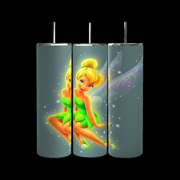 These eco-friendly Tinkerbell 20oz Skinny Tumblers by Kreative Kreationz feature Tinkerbell in a green dress and wings, playfully seated among white sparkles on a dark green backdrop, topped with silver lids.