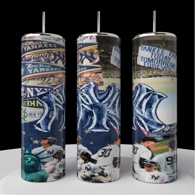 The Kreative Kreationz New York Yankees 20oz Tumbler showcases team logos, players, Yankee Stadium, and the Statue of Liberty on a dark background for a stylish and durable drinkware option.