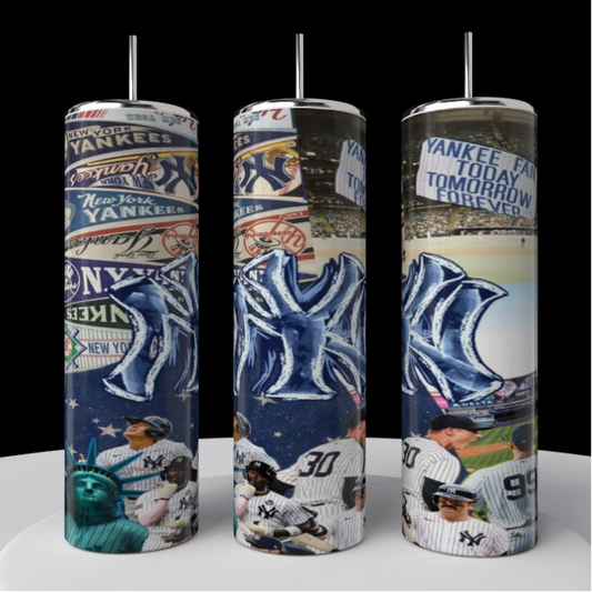 The Kreative Kreationz New York Yankees 20oz Tumbler showcases team logos, players, Yankee Stadium, and the Statue of Liberty on a dark background for a stylish and durable drinkware option.
