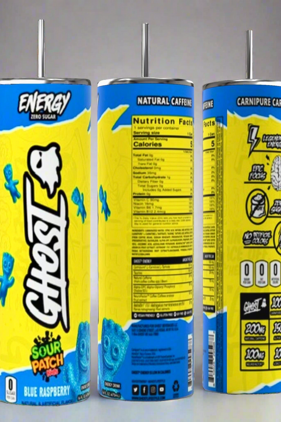 Three cans of Ghost Energy drink, sporting a vibrant yellow and blue design with 