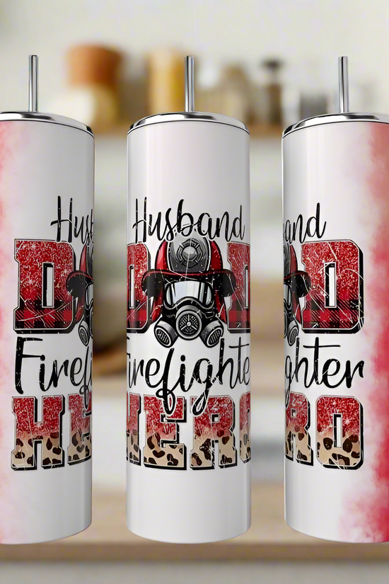 Three Kreative Kreationz Firefighter Dad 20oz Tumblers with lids and straws feature red, black, and leopard prints and 