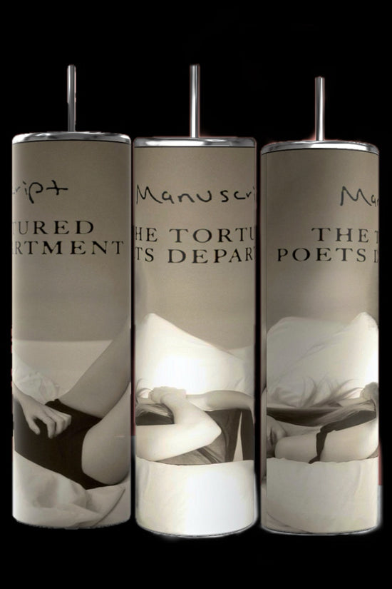Three vertical cylindrical tumblers with a minimalist design featuring abstract black-and-white images of a reclining figure. Text on the tumblers reads 