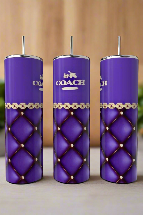 Three Coach 20oz Skinny Tumblers by Kreative Kreationz feature a quilted design with gold chain accents and the 