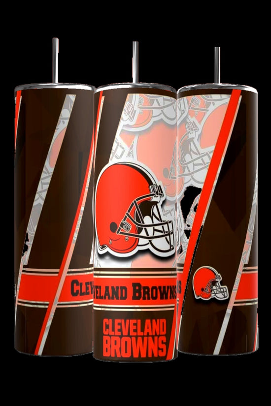 The Kreative Kreationz Cleveland Browns 20oz Skinny Tumblers feature helmets and team logos on a brown, orange, and white design. Each tumbler includes a spill-proof lid and reusable straw for convenience.