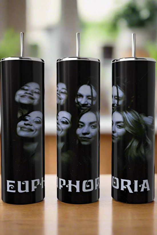 Three eco-friendly 20oz Euphoria tumblers from Kreative Kreationz, crafted from stainless steel, feature black-and-white photos of smiling faces. Each tumbler forms the word 