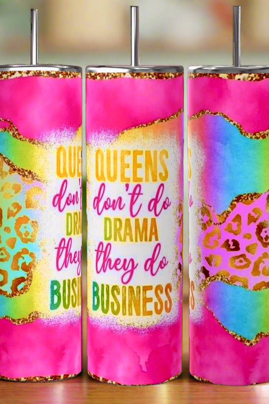 Kreative Kreationz Boss Lady 20oz Tumblers come in a vibrant pink, gold, green, and leopard print with metal straws. The center reads 
