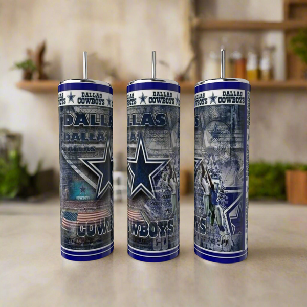 Three Kreative Kreationz Dallas Cowboys Flag 20oz Tumblers, each with a straw, feature football-inspired designs, metallic team logos, and a large blue star. This stainless steel drinkware is shown on a kitchen counter.