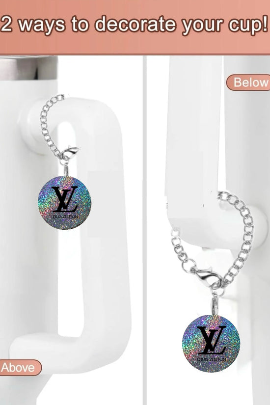 Image showing two ways to decorate a cup with the Colorful LV Charm by Kreative Kreationz. On the left, it hangs above the handle; on the right, it dangles below using a lobster clasp chain. Text: 