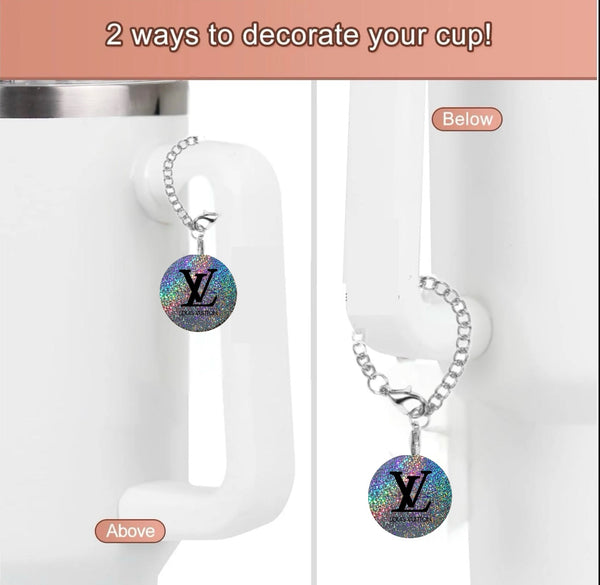 Image showing two ways to decorate a cup with the Colorful LV Charm by Kreative Kreationz. On the left, it hangs above the handle; on the right, it dangles below using a lobster clasp chain. Text: "2 ways to decorate your cup!.