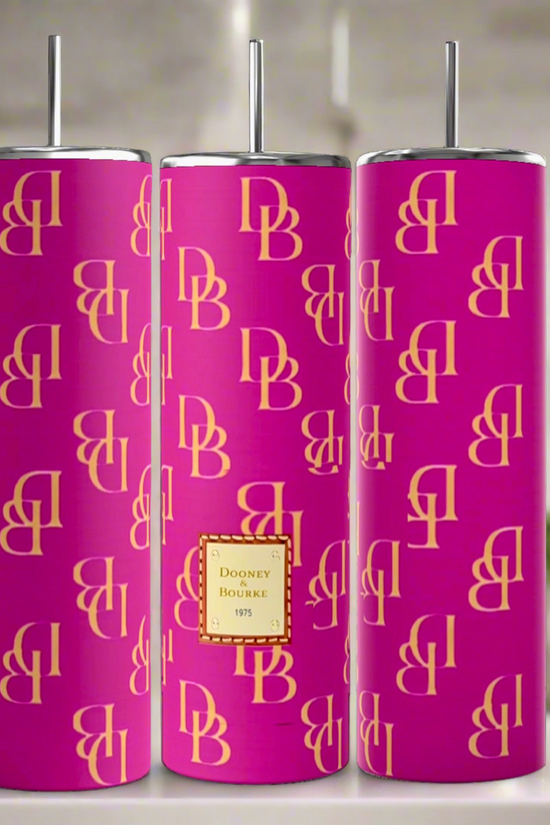 Three tall D&B Pink 20oz Tumblers by Kreative Kreationz feature yellow 