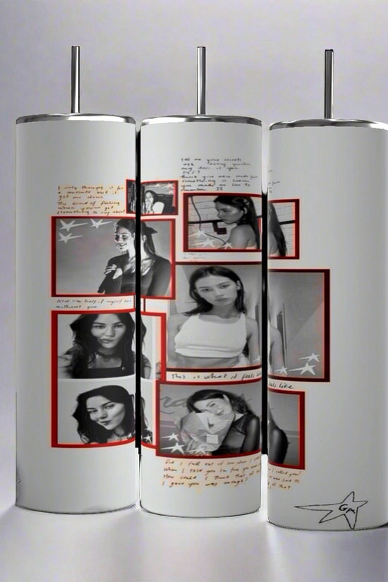 Three cylindrical art pieces, resembling the Gracie Abrams 20oz Skinny Tumbler from Kreative Kreationz, feature black-and-white photos of a woman in various poses. Each photo is surrounded by red rectangular frames, with handwritten notes and sketches decorating the margins. Crafted with durable construction, their plain gray background adds a minimalist touch.